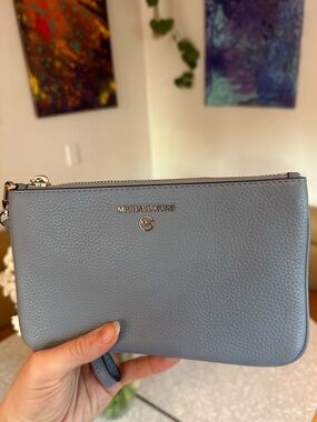 Michael Kors Dusty Blue Pebbled Leather Wristlet Clutch